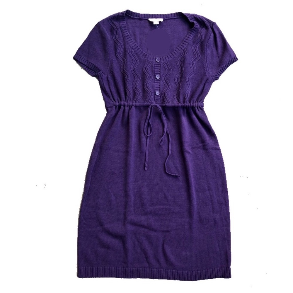 LOFT | short-sleeve belted bodycon cotton sweater mini dress in violet, large